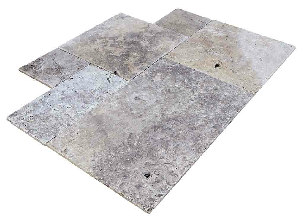 Travertin, dalle de sol ou murale en pierre naturelle SILVER GREY, bords adoucis, surface vieillie, opus 4 formats , épaisseur 1,2 cm - PALETTE COMPLETE