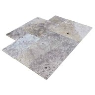 Travertin, dalle de sol ou murale en pierre naturelle SILVER GREY, bords adoucis, surface vieillie, opus 4 formats , épaisseur 1,2 cm
