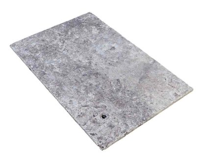 Vignette Travertin, dalle de sol ou murale en pierre naturelle SILVER GREY, bords adoucis, surface vieillie, 40,6 cm x 61 cm x 1,2 cm