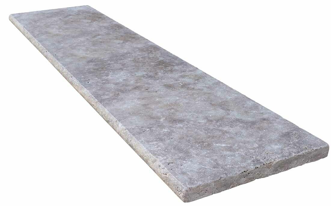 Margelle de piscine ou couvertine TITANIUM GREY, 1 bord demi-rond, surface vieillie, 33 cm x 120 cm x 3 cm - PALETTE COMPLETE
