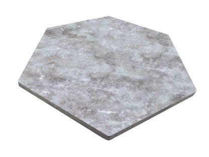Vignette Travertin, dalle de sol ou murale en pierre naturelle TITANIUM GREY, bords adoucis, surface vieillie, hexagonale 11,6 cm x 23,2 cm x 1 cm