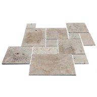 Travertin, dalle de sol ou murale en pierre naturelle RUSTIC, bords adoucis, surface vieillie, opus 4 formats , épaisseur 1,2 cm - PALETTE COMPLETE