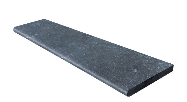 Margelle de piscine ou couvertine en marbre noir BLACK PANTHER, 1 bord demi-rond, surface vieillie, 33 cm x 100 cm x 3,2 cm