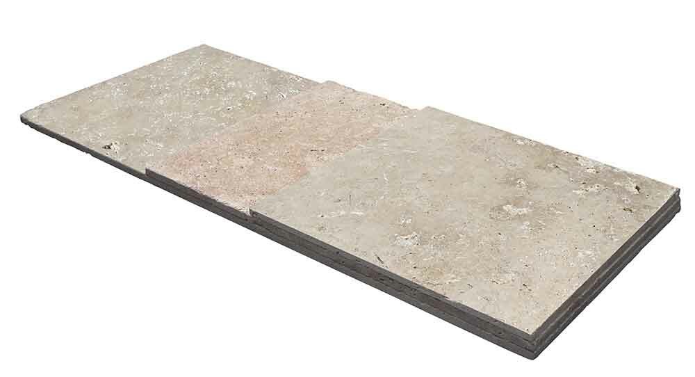 Travertin, dalle de sol ou murale en pierre naturelle STRONG MIX, bords adoucis, surface vieillie, largeur 40,6 cm x longueur libre x 1,2 cm - PALETTE COMPLETE