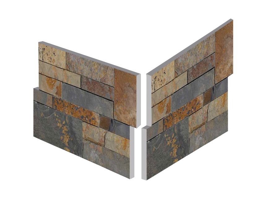 Angle pierre naturelle en petite plaquette, teinte ardoise/rouille - PALETTE COMPLETE