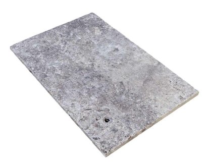 Vignette Travertin, dalle de sol en pierre naturelle SILVER GREY, bords adoucis, surface vieillie, 40,6 cm x 61 cm x 3 cm