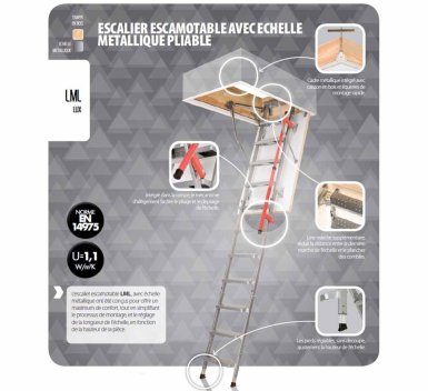 Vignette Escalier escamotable LML LUX avec échelle métallique à pieds réglables, haut. 280 cm, 70 cm x 130 cm