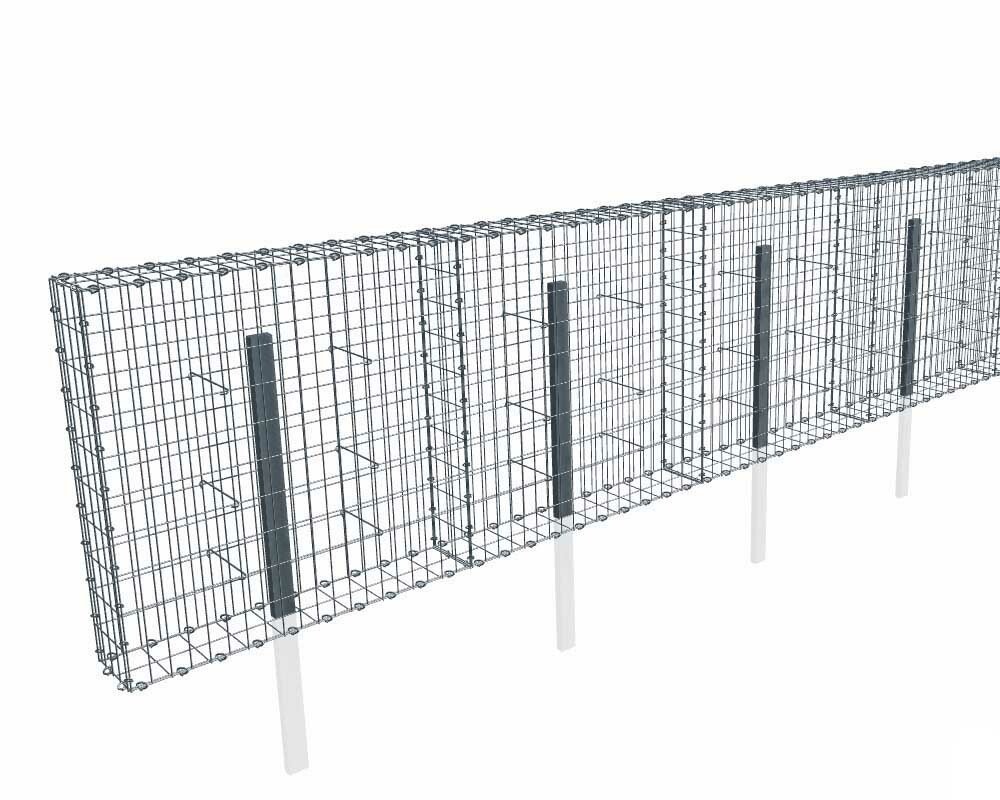 Kit gabion 30 m de longueur, 100cm (H) x 20cm (L), pour clôture, assemblage agrafes, mailles 5 x 10 cm, avec poteaux raidisseurs à sceller