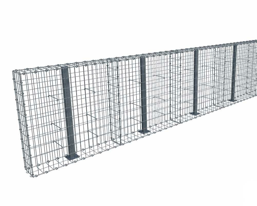 Kit gabion 30 m de longueur, 100cm (H) x 20cm (L), pour clôture, assemblage agrafes, mailles 5 x 10 cm, avec poteaux raidisseurs à visser