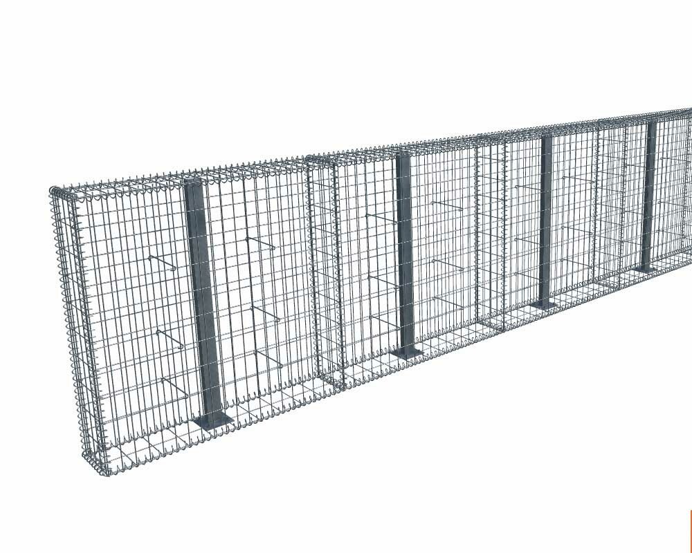 Kit gabion 4 m de longueur, 100cm (H) x 20cm (L), pour clôture, assemblage spirales, mailles 5 x 10 cm, avec poteaux raidisseurs à visser