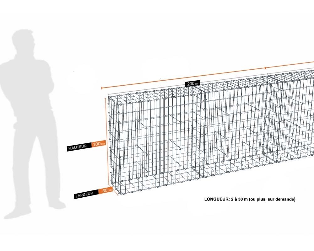 Kit gabion 30 m de longueur, 100cm (H) x 30cm (L), pour clôture, assemblage agrafes, mailles 5 x 10 cm, grilles non visibles mailles 10 x 10 cm