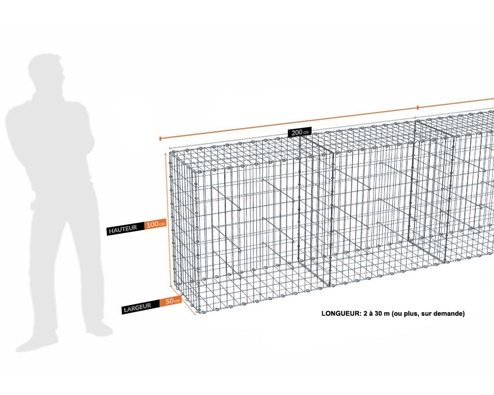 Kit gabion 30 m de longueur, 100cm (H) x 50cm (L), pour clôture, assemblage agrafes, mailles 5 x 10 cm, grilles non visibles mailles 10 x 10 cm