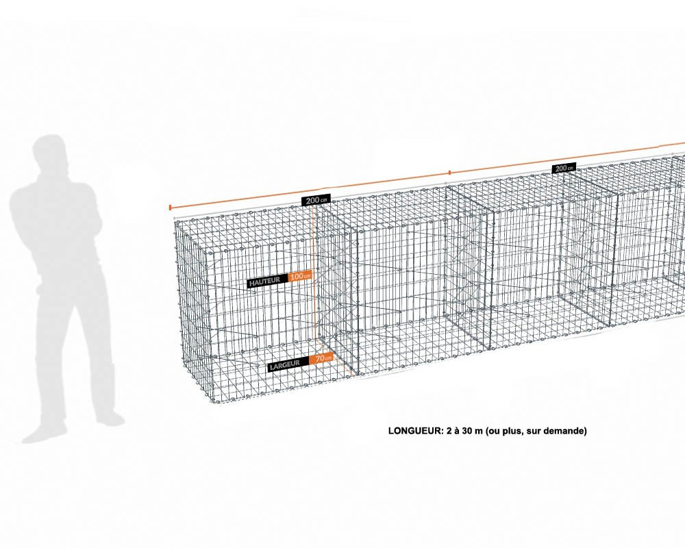 Kit gabion 14 m de longueur, 100cm (H) x 70cm (L), pour clôture, assemblage agrafes, mailles 5 x 10 cm, grilles non visibles mailles 10 x 10 cm