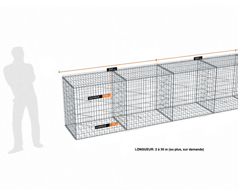 Kit gabion 30 m de longueur, 100cm (H) x 70cm (L), pour clôture, assemblage spirales, mailles 5 x 10 cm, grilles non visibles mailles 10 x 10 cm