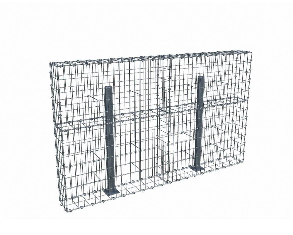 Kit gabion 2m de longueur, 120cm (H) x 20cm (L), pour clôture, assemblage agrafes, mailles 5 x 10 cm, avec poteaux raidisseurs à visser