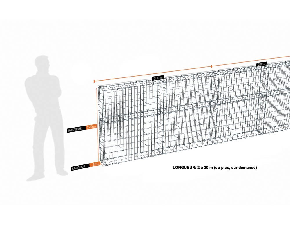 Kit gabion 4 m de longueur, 120cm (H) x 20cm (L), pour clôture, assemblage agrafes, mailles 5 x 10 cm, grilles non visibles mailles 10 x 10 cm
