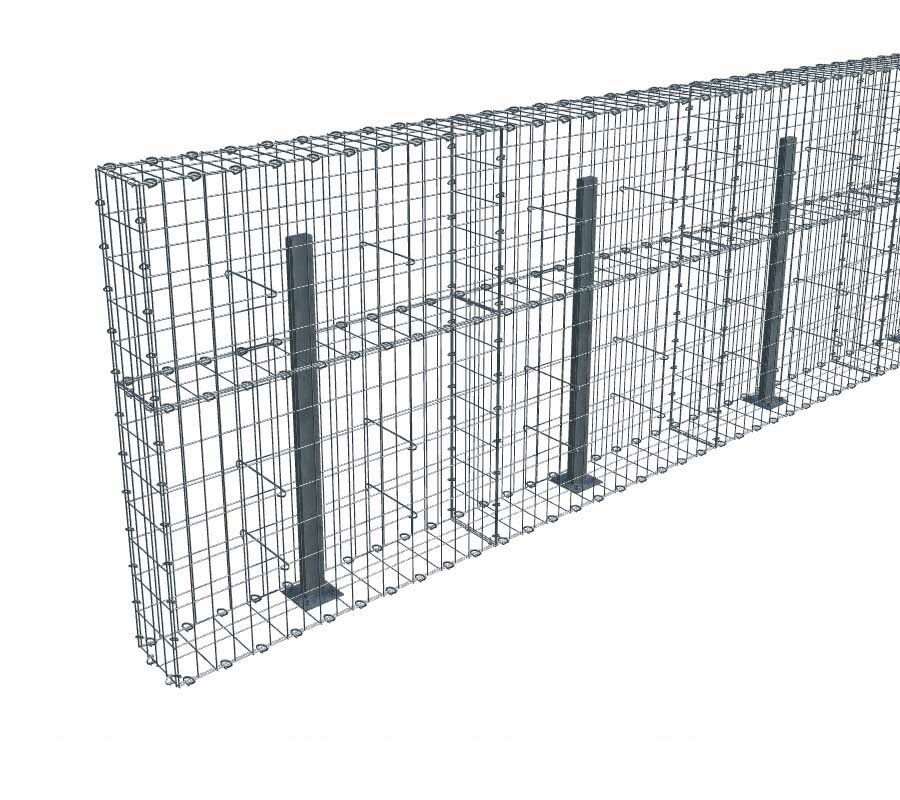 Kit gabion 14 m de longueur, 120cm (H) x 20cm (L), pour clôture, assemblage agrafes, mailles 5 x 10 cm, avec poteaux raidisseurs à visser