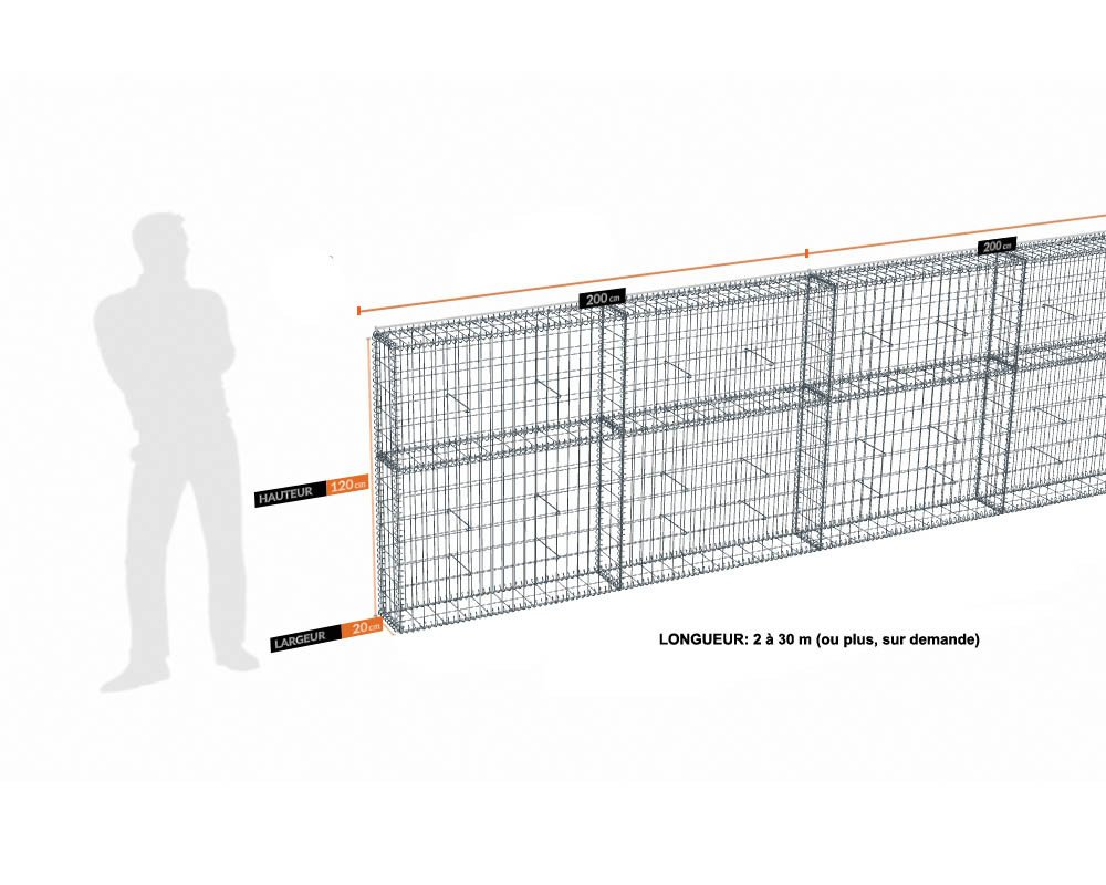 Kit gabion 30 m de longueur, 120cm (H) x 20cm (L), pour clôture, assemblage spirales, mailles 5 x 10 cm, grilles non visibles mailles 10 x 10 cm