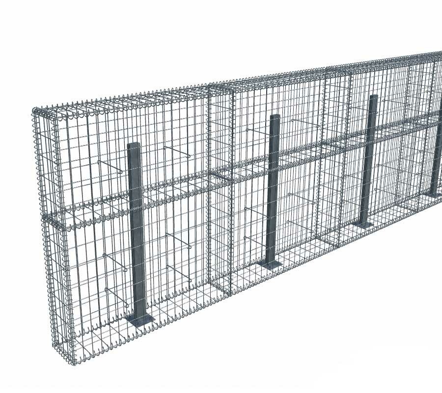 Kit gabion 26 m de longueur, 120cm (H) x 20cm (L), pour clôture, assemblage spirales, mailles 5 x 10 cm, avec poteaux raidisseurs à visser