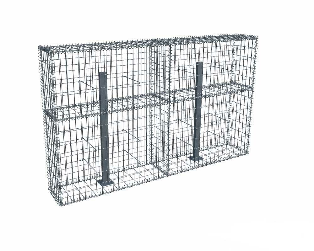 Kit gabion 2m de longueur, 120cm (H) x 30cm (L), pour clôture, assemblage spirales, mailles 5 x 10 cm, avec poteaux raidisseurs à visser