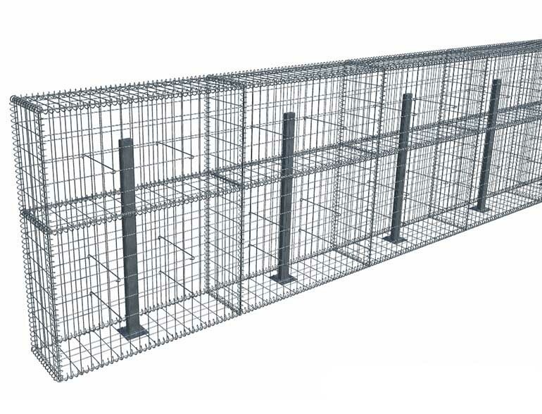 Kit gabion 28 m de longueur, 120cm (H) x 30cm (L), pour clôture, assemblage spirales, mailles 5 x 10 cm, avec poteaux raidisseurs à visser