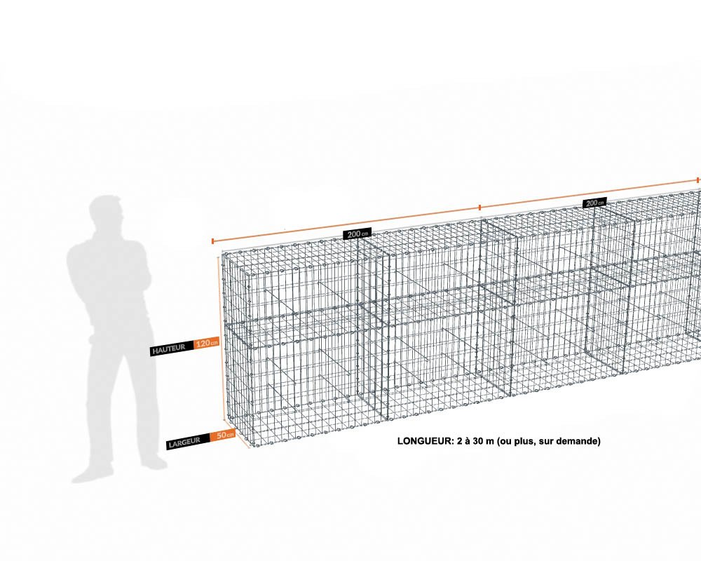 Kit gabion 30 m de longueur, 120cm (H) x 50cm (L), pour clôture, assemblage agrafes, mailles 5 x 10 cm, grilles non visibles mailles 10 x 10 cm