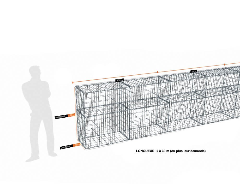 Kit gabion 30 m de longueur, 120cm (H) x 50cm (L), pour clôture, assemblage spirales, mailles 5 x 10 cm, grilles non visibles mailles 10 x 10 cm