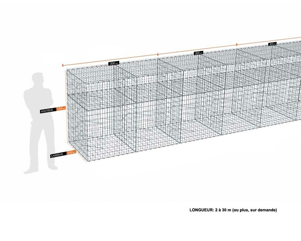 Kit gabion 30 m de longueur, 150cm (H) x 100cm (L), pour clôture, assemblage agrafes, mailles 5 x 10 cm, grilles non visibles mailles 10 x 10 cm