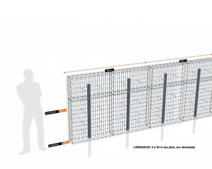 Vignette Kit gabion 10 m de longueur, 150cm (H) x 20cm (L), pour clôture, assemblage agrafes, mailles 5 x 10 cm, avec poteaux raidisseurs à sceller