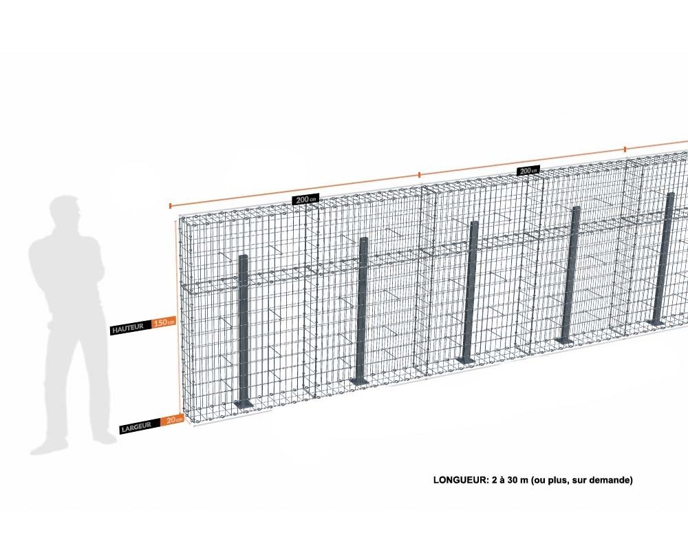 Kit gabion 30 m de longueur, 150cm (H) x 20cm (L), pour clôture, assemblage agrafes, mailles 5 x 10 cm, avec poteaux raidisseurs à visser