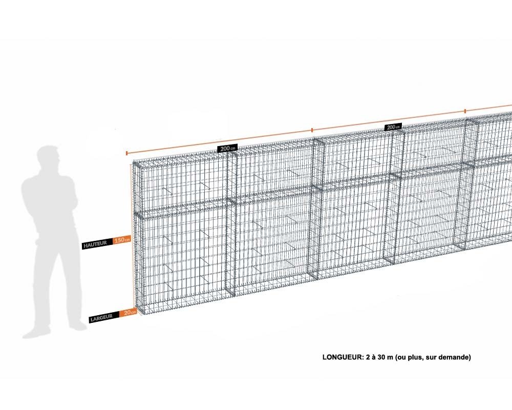 Kit gabion 6 m de longueur, 150cm (H) x 20cm (L), pour clôture, assemblage spirales, mailles 5 x 10 cm, grilles non visibles mailles 10 x 10 cm