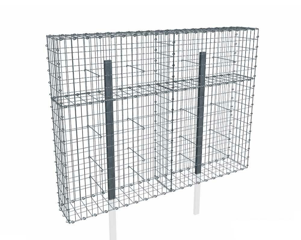 Kit gabion 2m de longueur, 150cm (H) x 30cm (L), pour clôture, assemblage agrafes, mailles 5 x 10 cm, avec poteaux raidisseurs à sceller