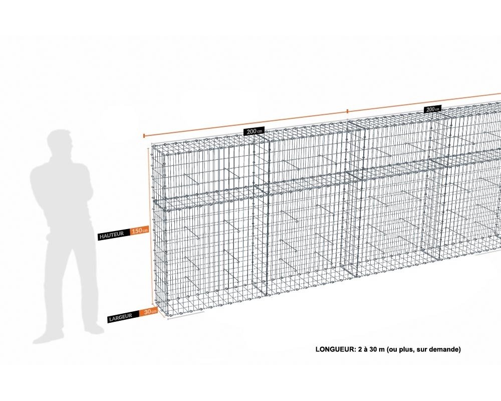 Kit gabion 6 m de longueur, 150cm (H) x 30cm (L), pour clôture, assemblage spirales, mailles 5 x 10 cm, grilles non visibles mailles 10 x 10 cm