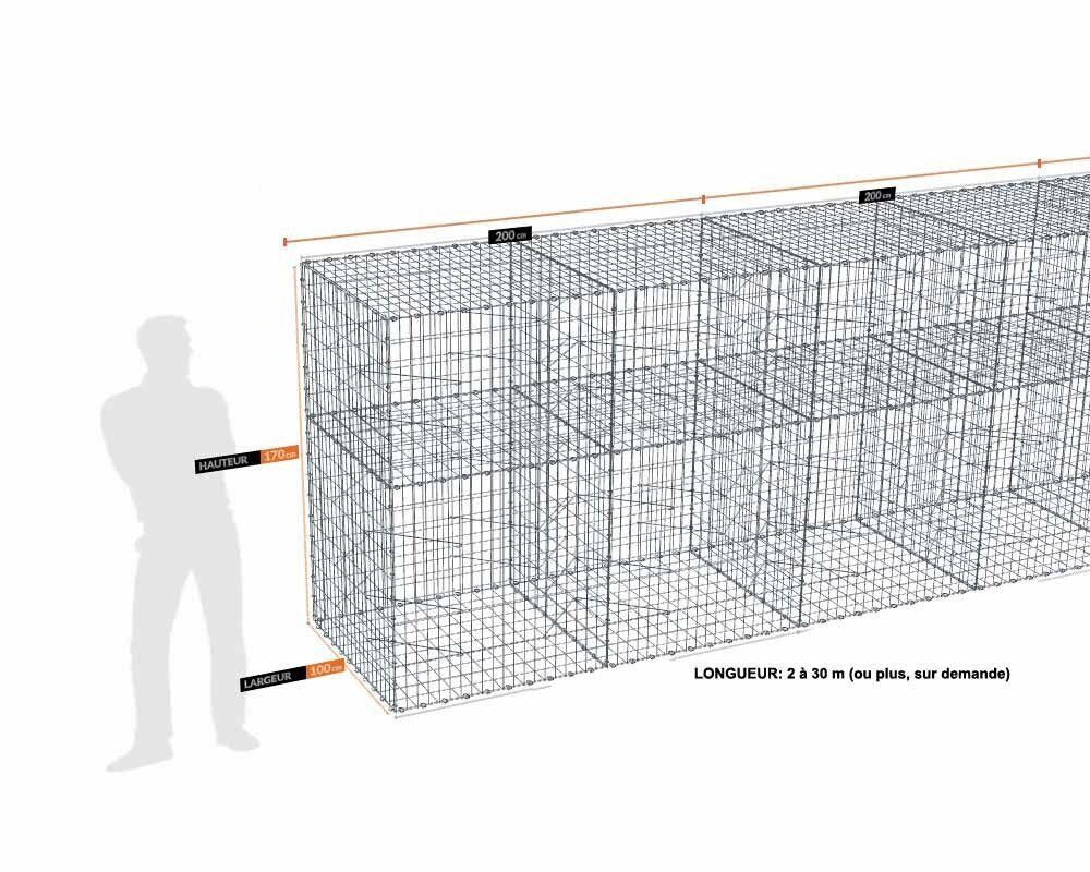 Kit gabion 30 m de longueur, 170cm (H) x 100cm (L), pour clôture, assemblage agrafes, mailles 5 x 10 cm, grilles non visibles mailles 10 x 10 cm