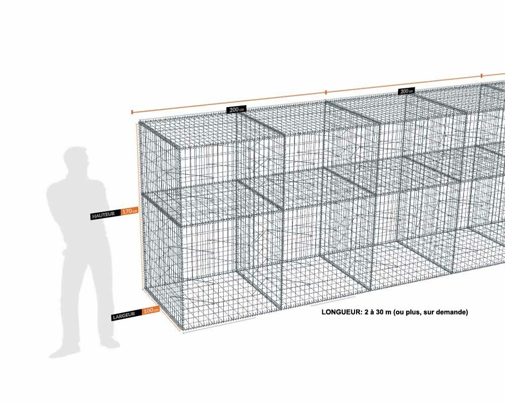 Kit gabion 30 m de longueur, 170cm (H) x 100cm (L), pour clôture, assemblage spirales, mailles 5 x 10 cm, grilles non visibles mailles 10 x 10 cm