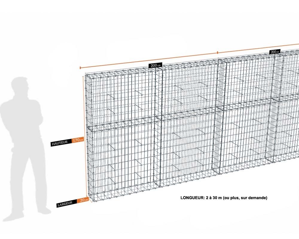 Kit gabion 30 m de longueur, 170cm (H) x 20cm (L), pour clôture, assemblage agrafes, mailles 5 x 10 cm, grilles non visibles mailles 10 x 10 cm