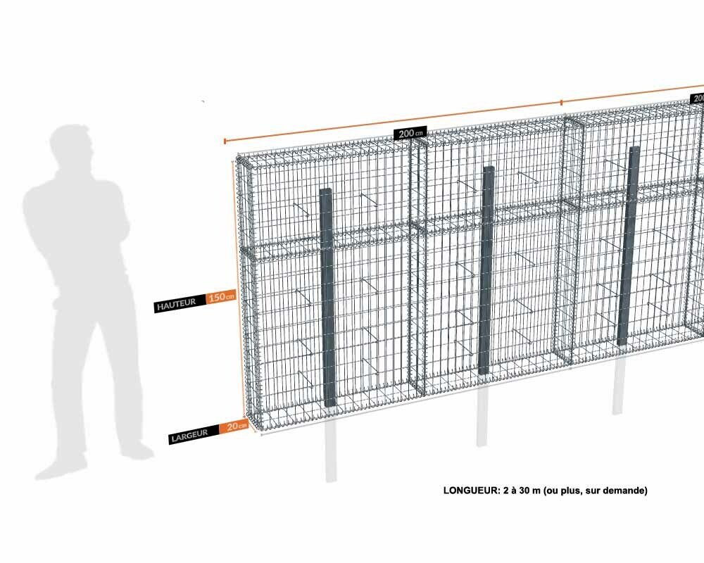 Kit gabion 30 m de longueur, 170cm (H) x 20cm (L), pour clôture, assemblage spirales, mailles 5 x 10 cm, avec poteaux raidisseurs à sceller