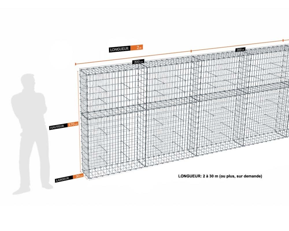 Kit gabion 12 m de longueur, 170cm (H) x 30cm (L), pour clôture, assemblage agrafes, mailles 5 x 10 cm, grilles non visibles mailles 10 x 10 cm