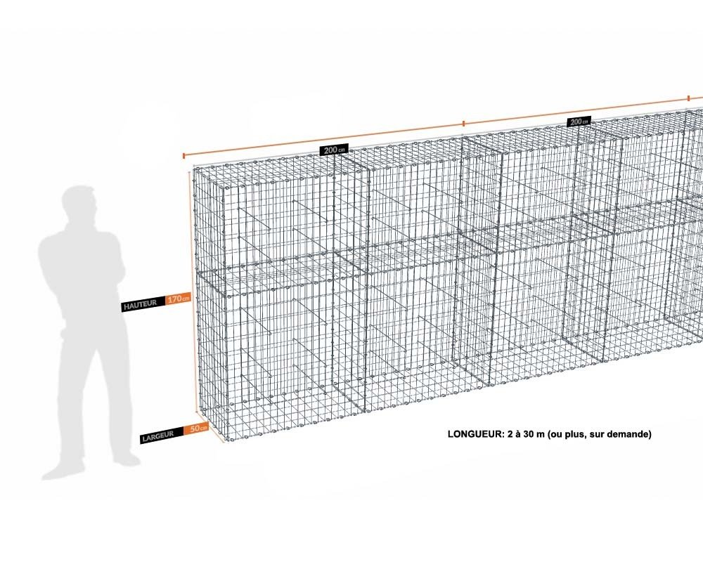 Kit gabion 30 m de longueur, 170cm (H) x 50cm (L), pour clôture, assemblage agrafes, mailles 5 x 10 cm, grilles non visibles mailles 10 x 10 cm