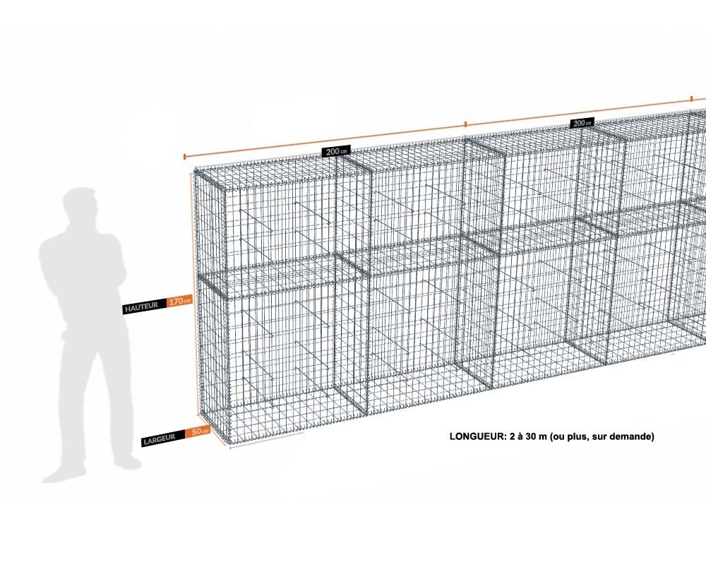 Kit gabion 30 m de longueur, 170cm (H) x 50cm (L), pour clôture, assemblage spirales, mailles 5 x 10 cm, grilles non visibles mailles 10 x 10 cm