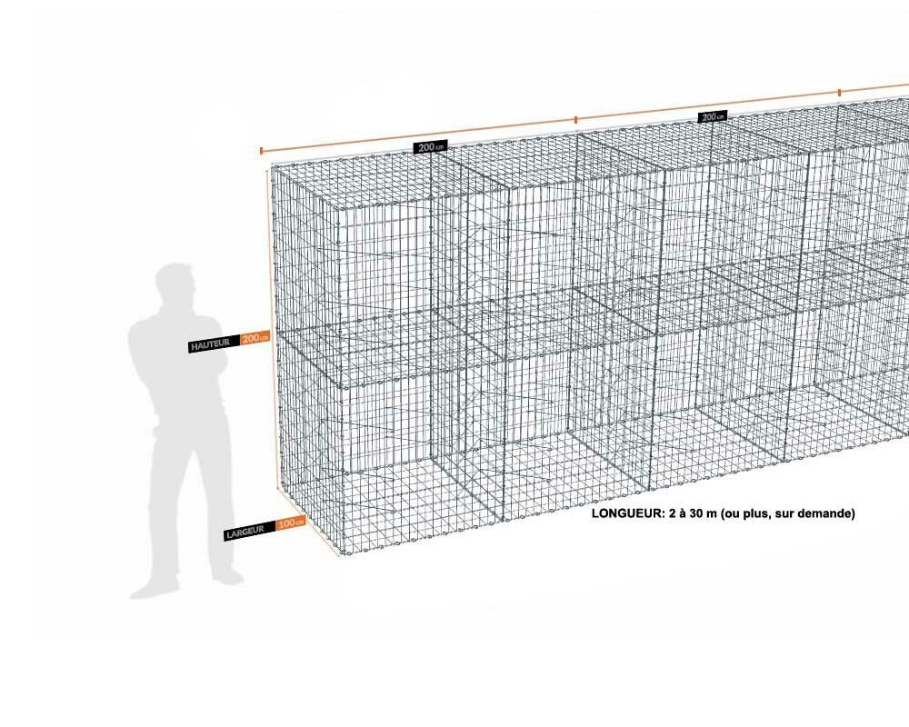 Kit gabion 30 m de longueur, 200cm (H) x 100cm (L), pour clôture, assemblage spirales, mailles 5 x 10 cm, grilles non visibles mailles 10 x 10 cm