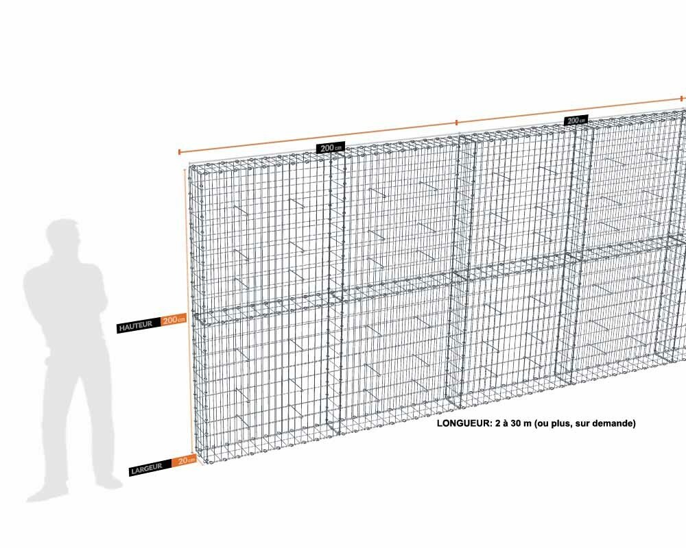 Kit gabion 30 m de longueur, 200cm (H) x 20cm (L), pour clôture, assemblage agrafes, mailles 5 x 10 cm, grilles non visibles mailles 10 x 10 cm