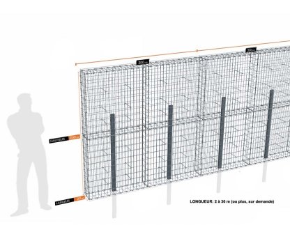 Vignette Kit gabion 6 m de longueur, 200cm (H) x 20cm (L), pour clôture, assemblage agrafes, mailles 5 x 10 cm, avec poteaux raidisseurs à sceller