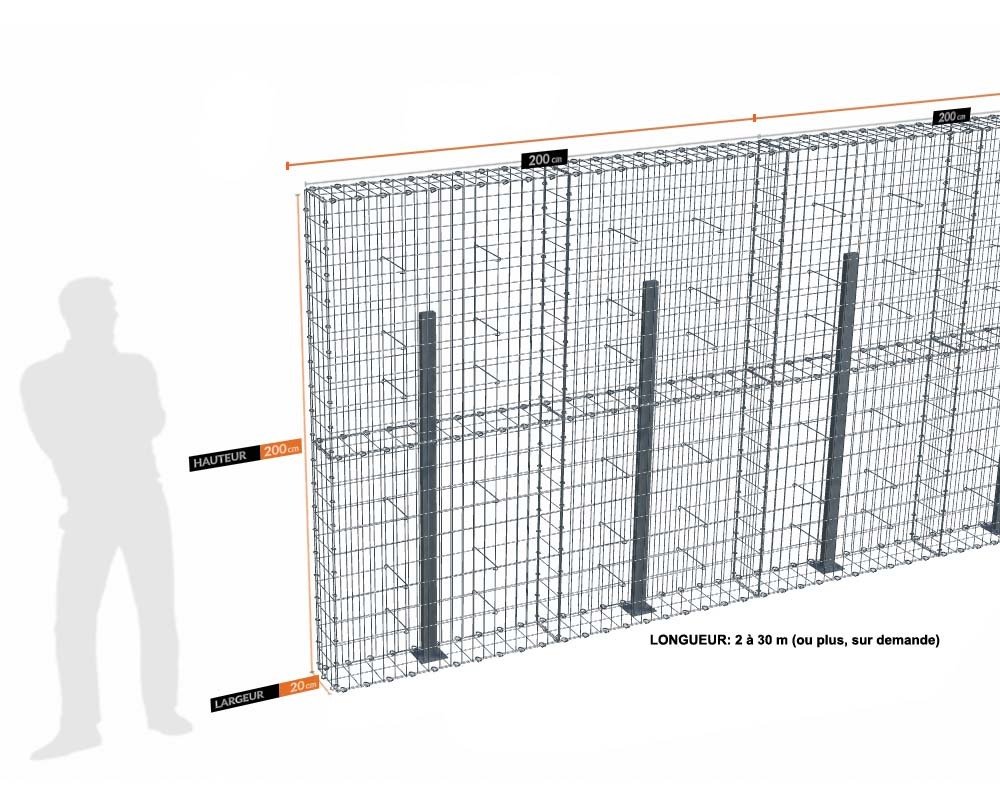 Kit gabion 30 m de longueur, 200cm (H) x 20cm (L), pour clôture, assemblage agrafes, mailles 5 x 10 cm, avec poteaux raidisseurs à visser