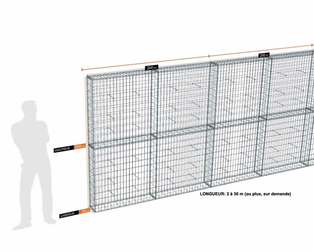 Kit gabion 26 m de longueur, 200cm (H) x 20cm (L), pour clôture, assemblage spirales, mailles 5 x 10 cm, grilles non visibles mailles 10 x 10 cm