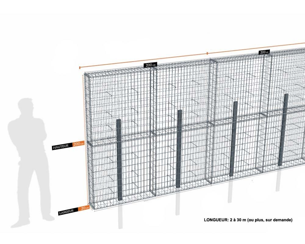 Kit gabion 30 m de longueur, 200cm (H) x 20cm (L), pour clôture, assemblage spirales, mailles 5 x 10 cm, avec poteaux raidisseurs à sceller