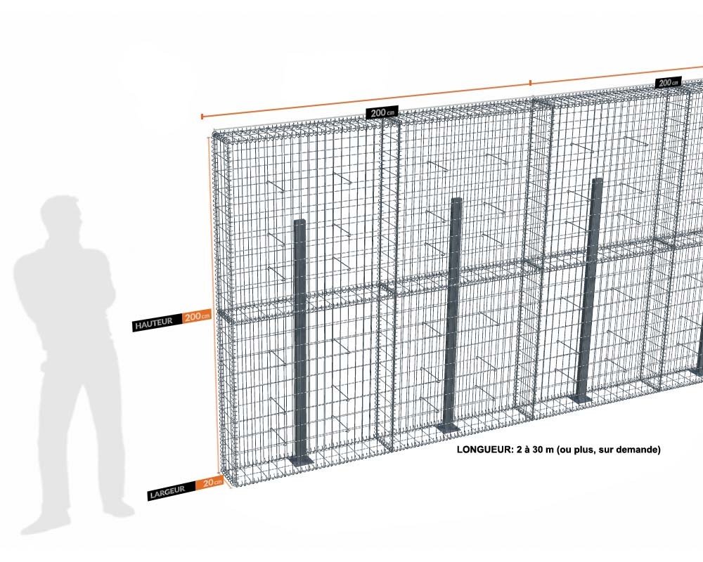 Kit gabion 8 m de longueur, 200cm (H) x 20cm (L), pour clôture, assemblage spirales, mailles 5 x 10 cm, avec poteaux raidisseurs à visser