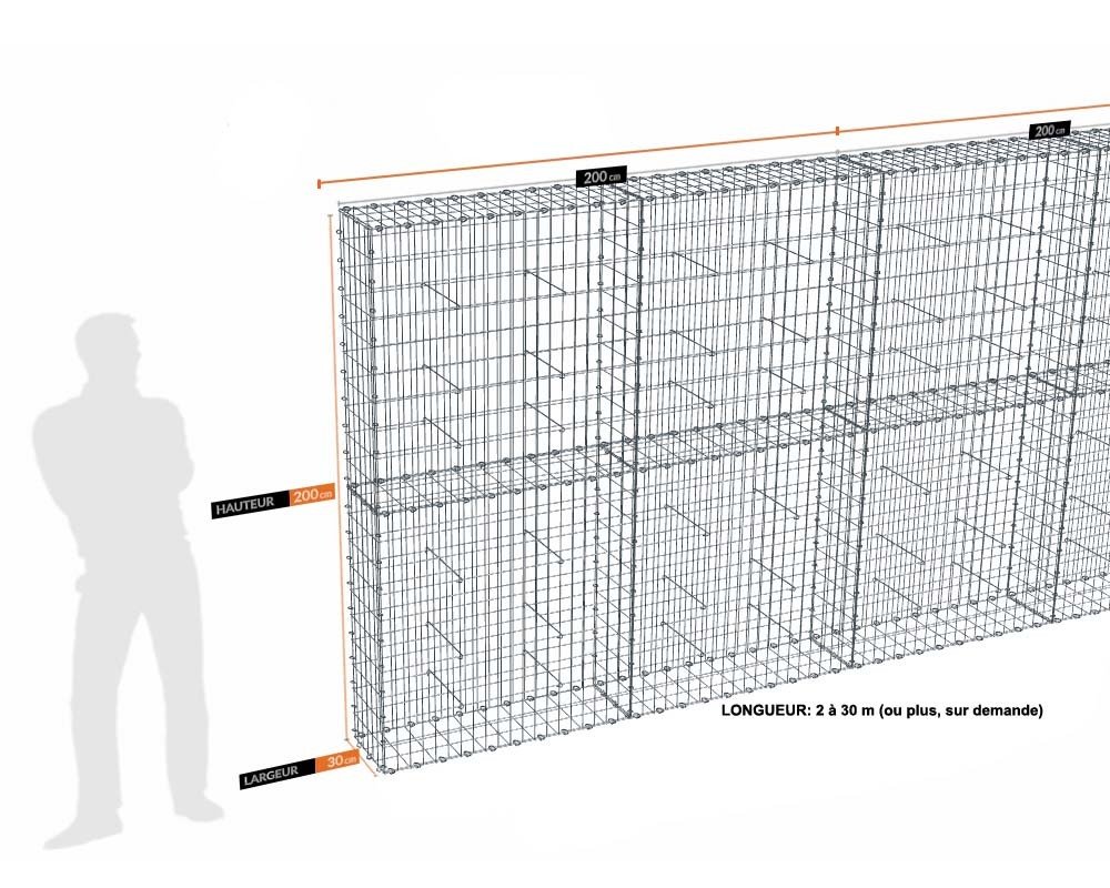 Kit gabion 30 m de longueur, 200cm (H) x 30cm (L), pour clôture, assemblage agrafes, mailles 5 x 10 cm, grilles non visibles mailles 10 x 10 cm