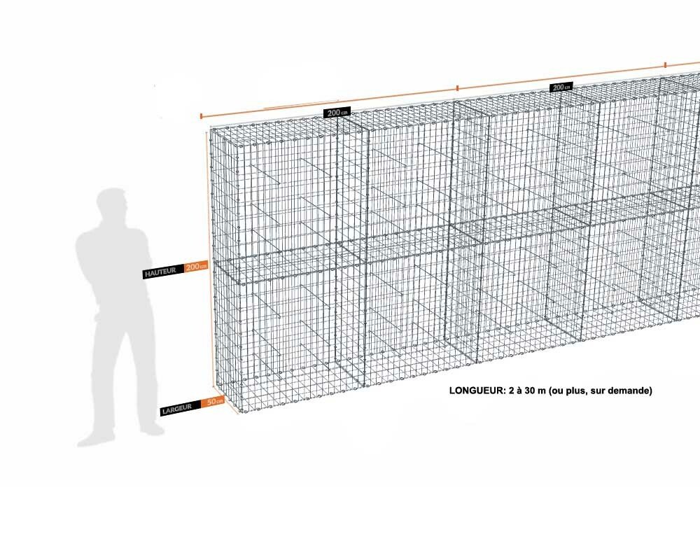 Kit gabion 30 m de longueur, 200cm (H) x 50cm (L), pour clôture, assemblage agrafes, mailles 5 x 10 cm, grilles non visibles mailles 10 x 10 cm