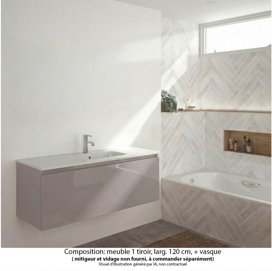 Ensemble meuble de salle de bain Oxford 120 cm grège brillant, vasque céramique,  1 tiroir